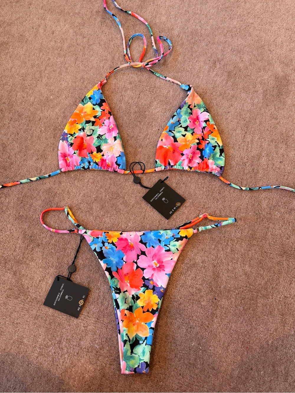 Skatie swim floral triangle bikini set XL top M bottoms